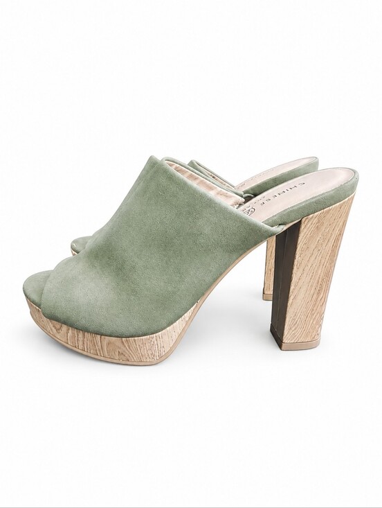 Chinese Laundry Shoes - Chinese Laundry Boho Green Healed Slide-On Mules Size 5.5 Festival Chic